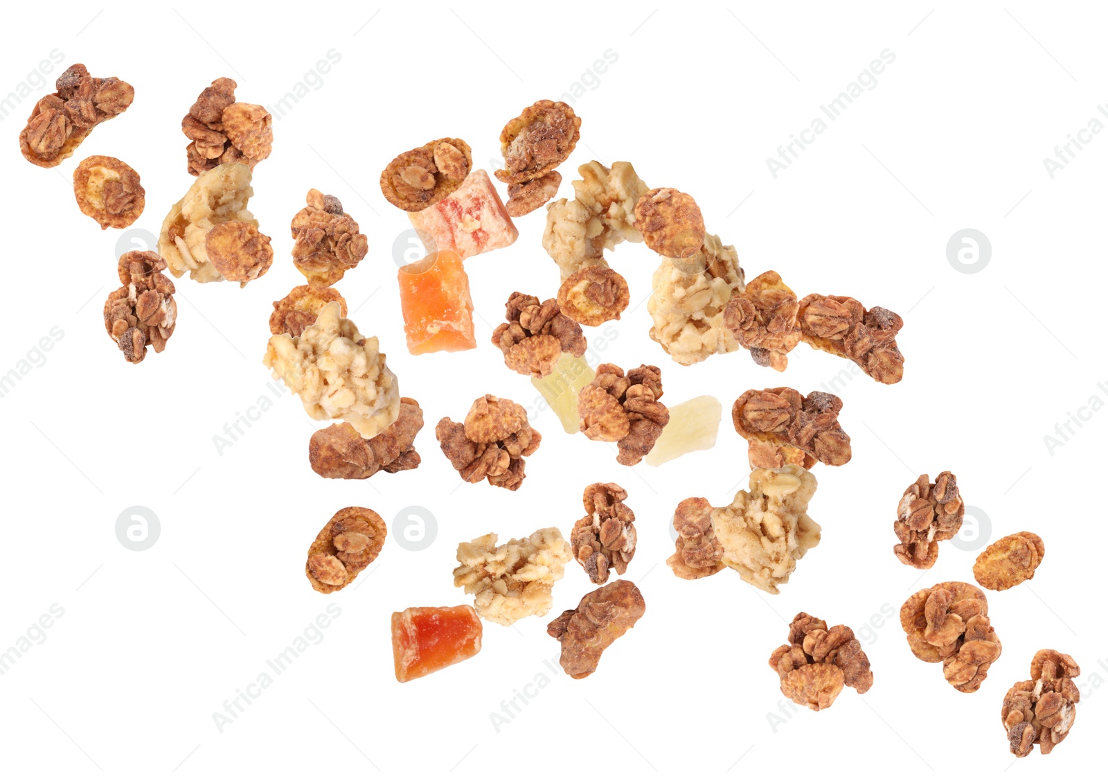 Image of Delicious granola and dried fruits falling on white background. Healthy snack 