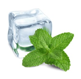 Image of Green mint and ice cube isolated on white