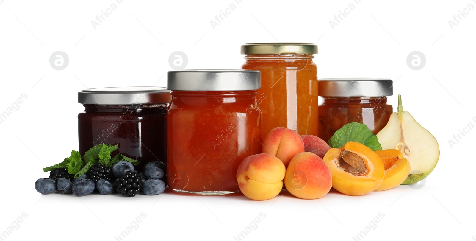 Photo of Jars with different jams and fresh fruits on white background