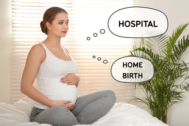 Young pregnant woman on bed at home. Choice between Hospital and Home Birth