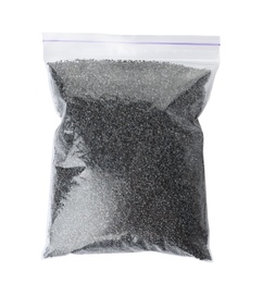 Photo of Poppy seeds in plastic bag on white background, top view