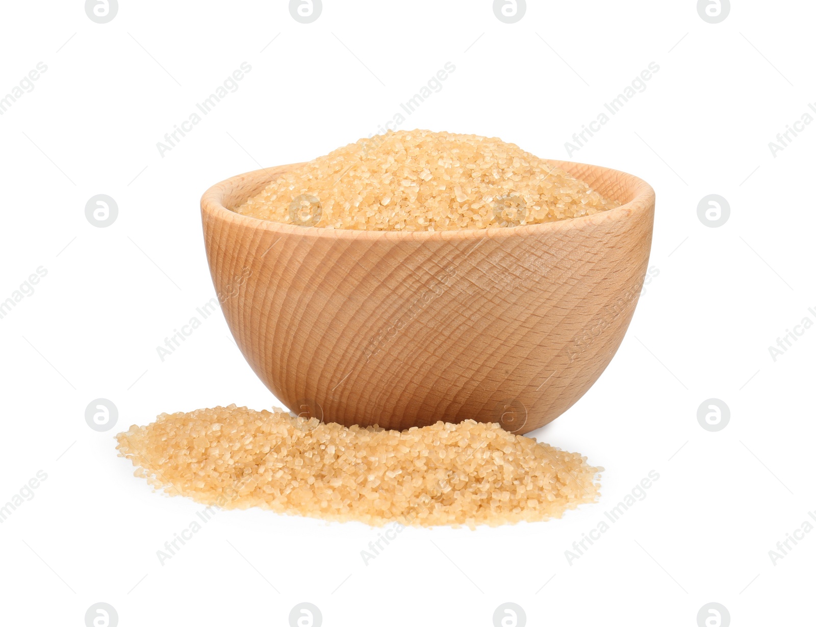 Photo of Brown sugar in wooden bowl isolated on white