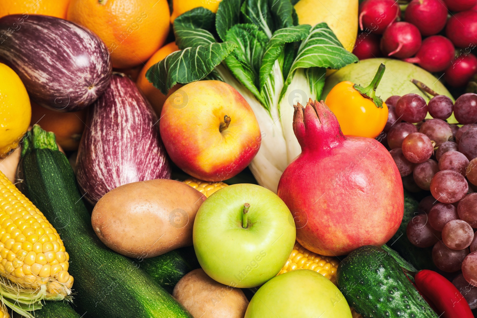 Photo of Assortment of fresh organic fruits and vegetables as background, closeup