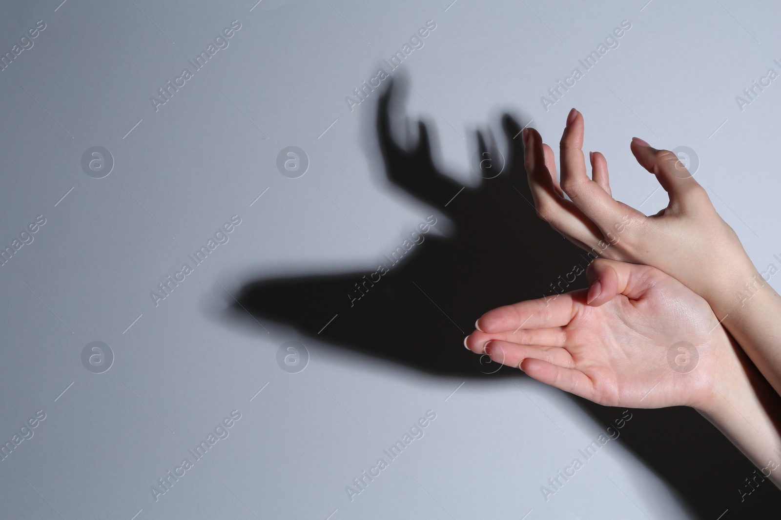 Photo of Shadow puppet. Woman making hand gesture like deer on grey background, closeup. Space for text