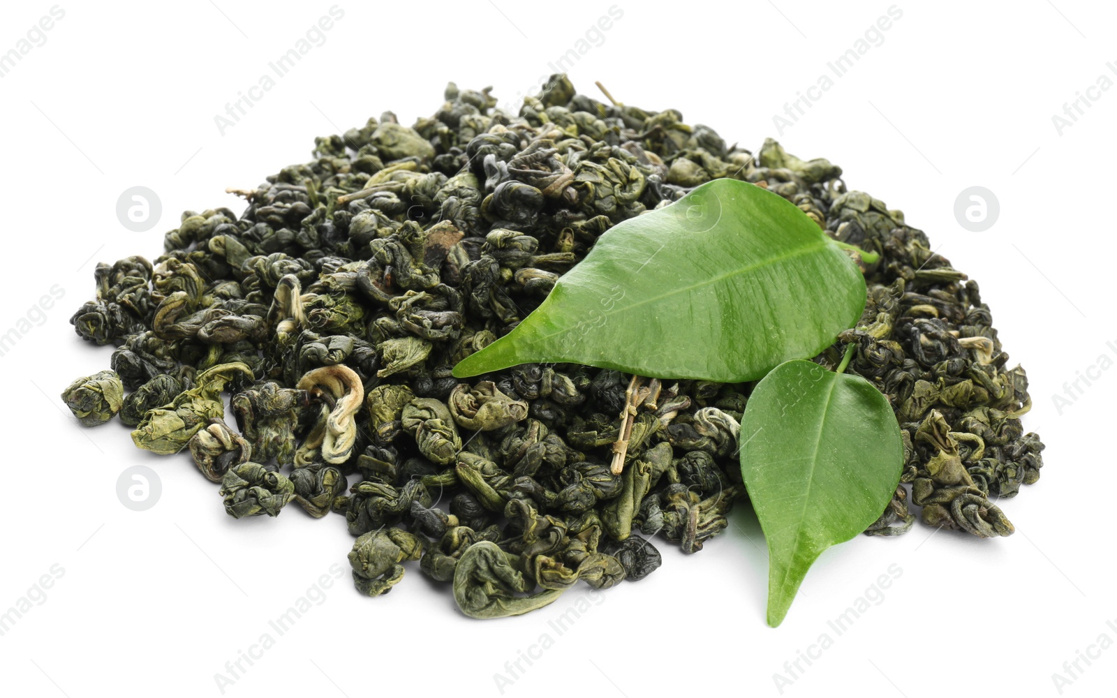 Photo of Pile of dried green tea leaves on white background