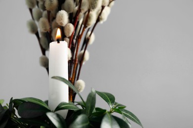 Burning candle, green leaves and willow branches against grey background, space for text