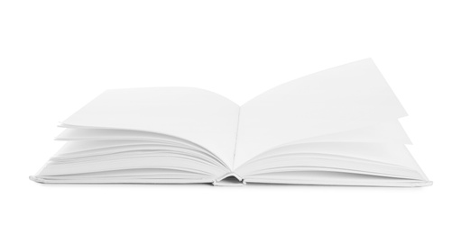 Open used hardcover book isolated on white