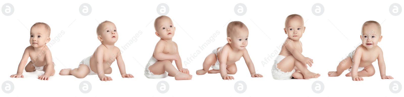 Image of Collage with photos of cute baby crawling on white background. Banner design