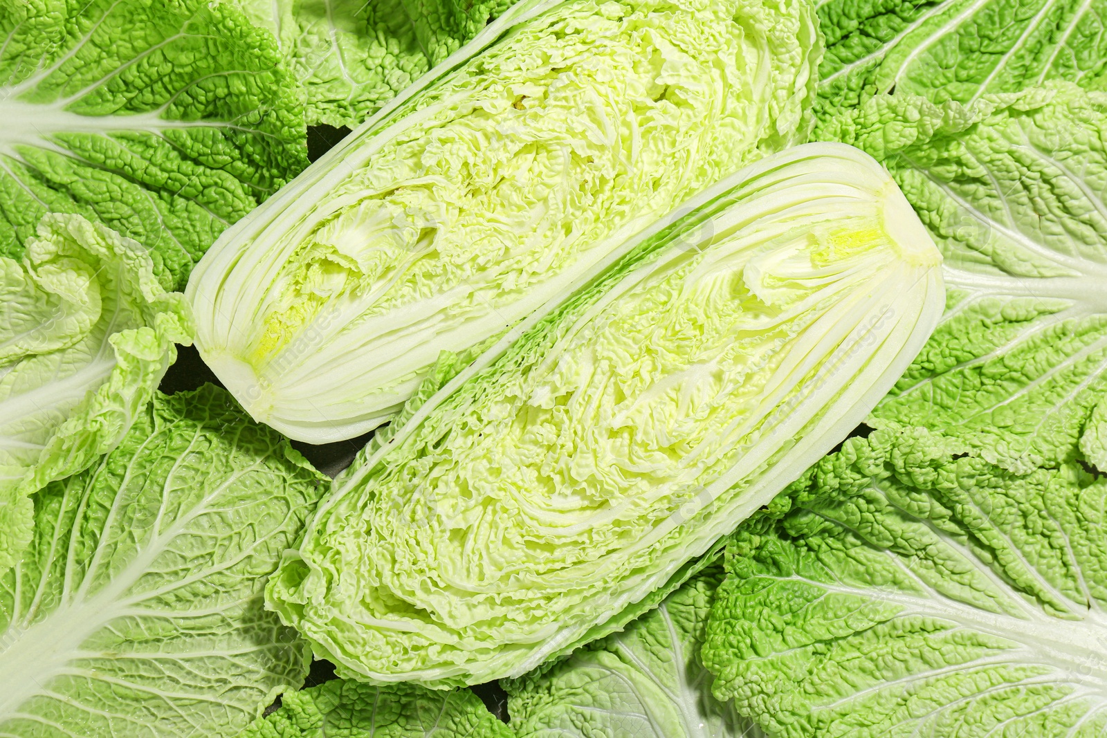 Photo of Halves of fresh Chinese cabbage and green leaves on table, top view