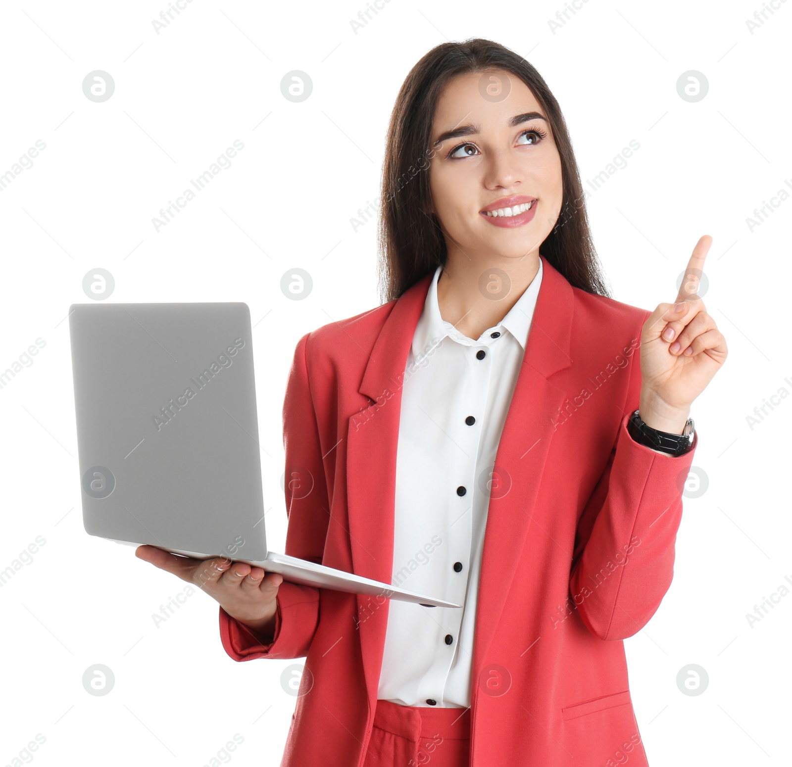 Photo of Portrait of young woman in office wear with laptop on white background