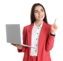 Portrait of young woman in office wear with laptop on white background