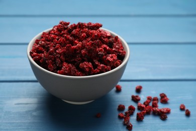 Bowl of dried red currant berries on blue wooden table