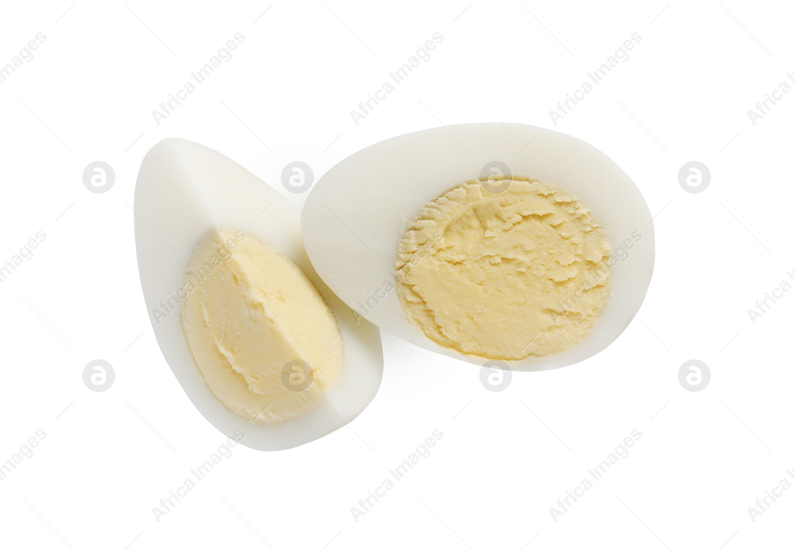 Photo of Peeled hard boiled quail egg on white background, top view