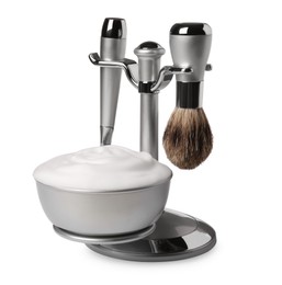 Photo of Set of men's shaving tools on white background