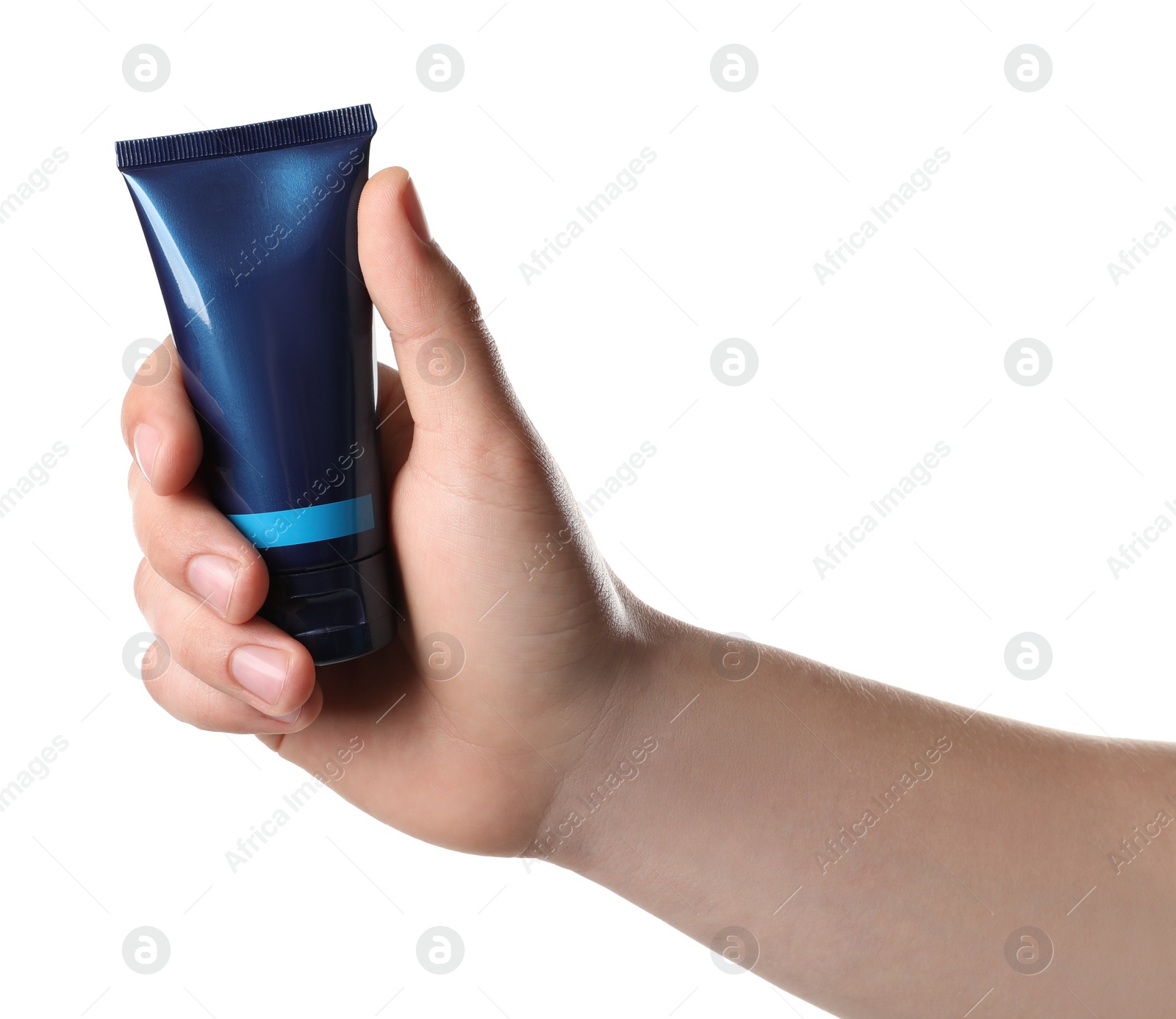 Photo of Man holding tube of facial cream isolated on white, closeup. Mockup for design