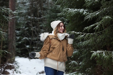 Photo of Young woman in conifer forest on snowy day. Winter vacation