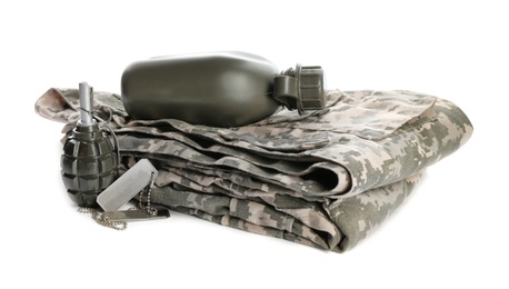 Military clothes, canteen and grenade on white background