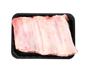 Photo of Plastic container with raw ribs on white background, top view. Fresh meat