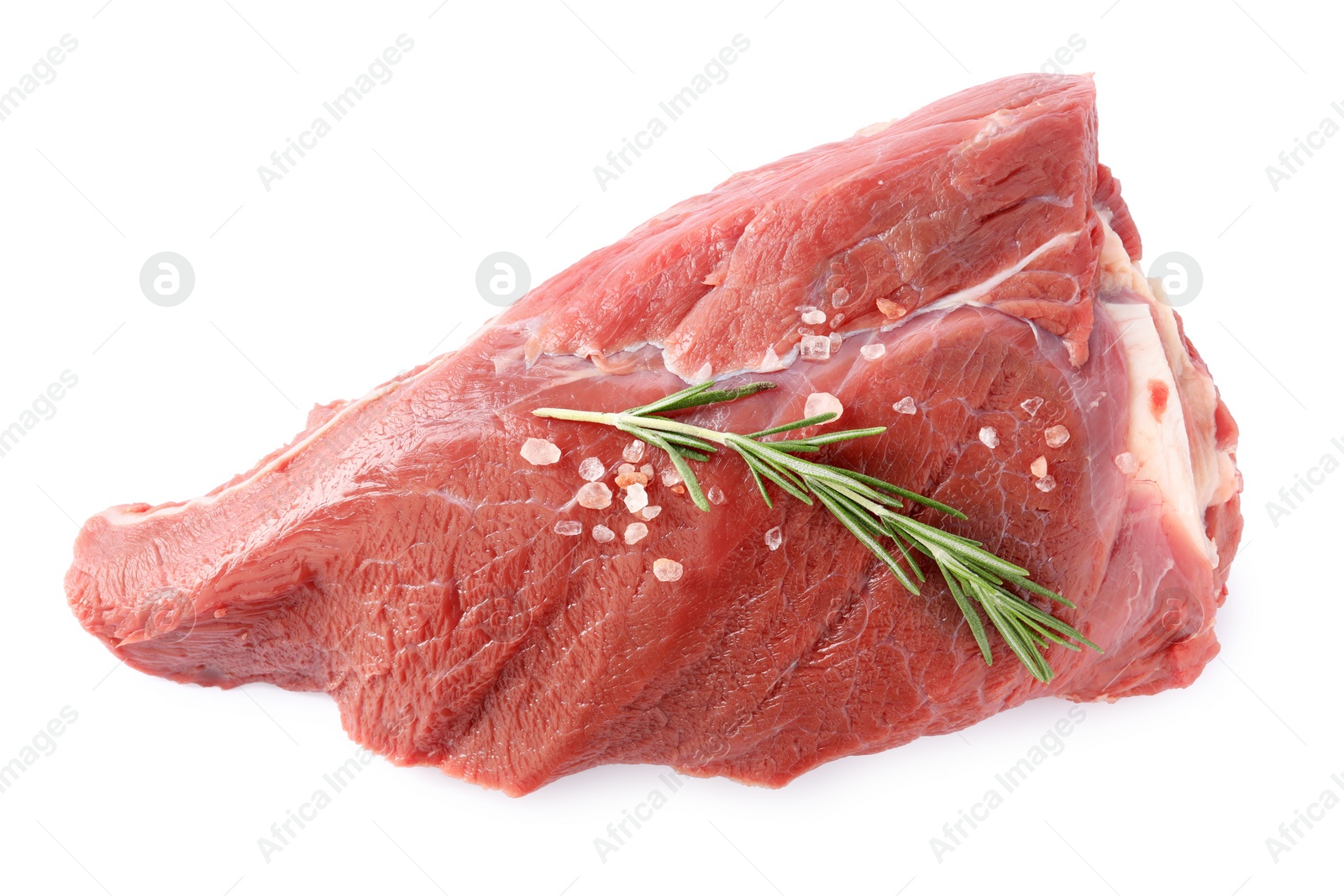 Photo of Piece of raw beef meat with spices and rosemary isolated on white, top view