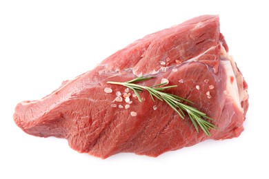 Photo of Piece of raw beef meat with spices and rosemary isolated on white, top view