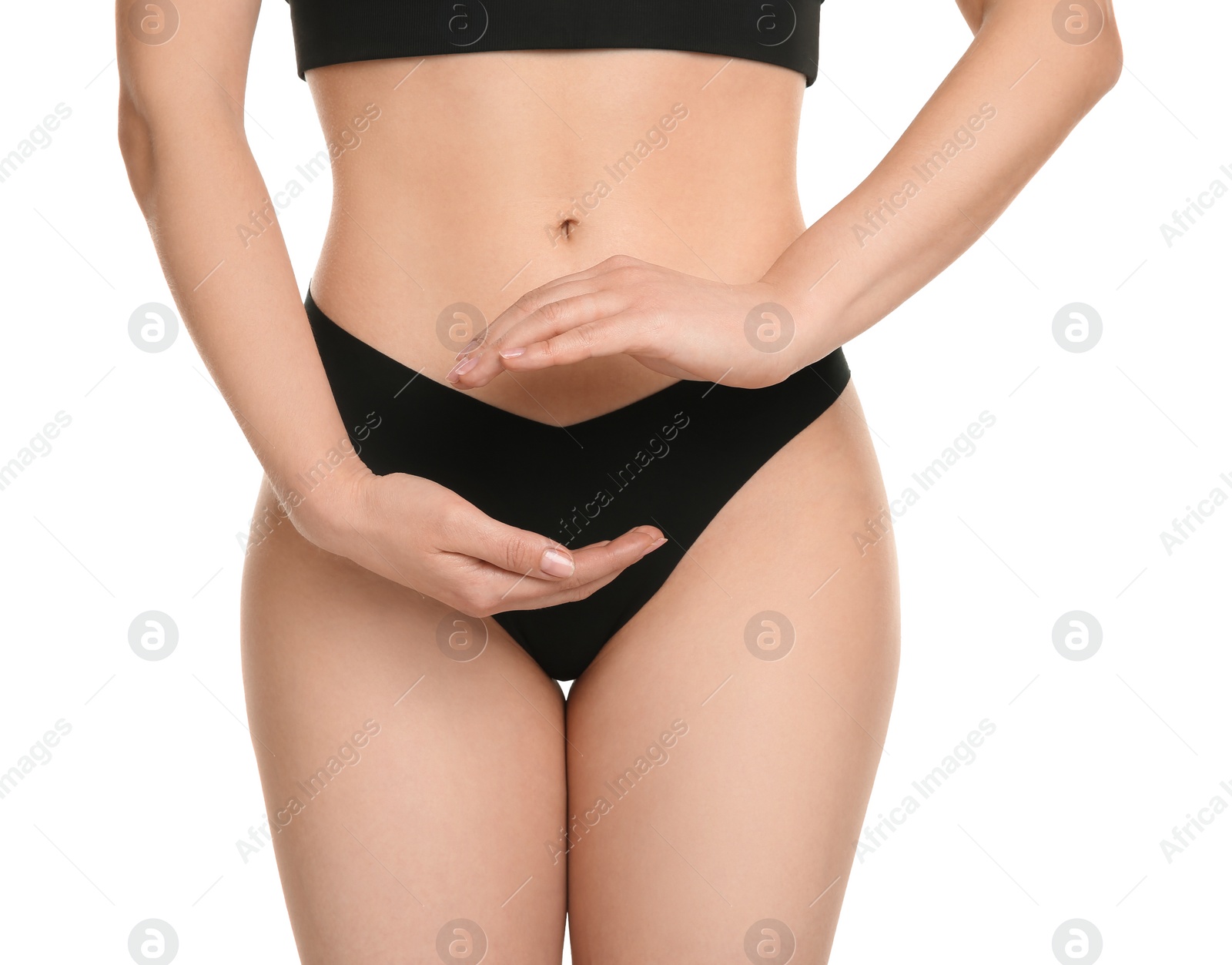 Photo of Gynecology. Woman in underwear on white background, closeup