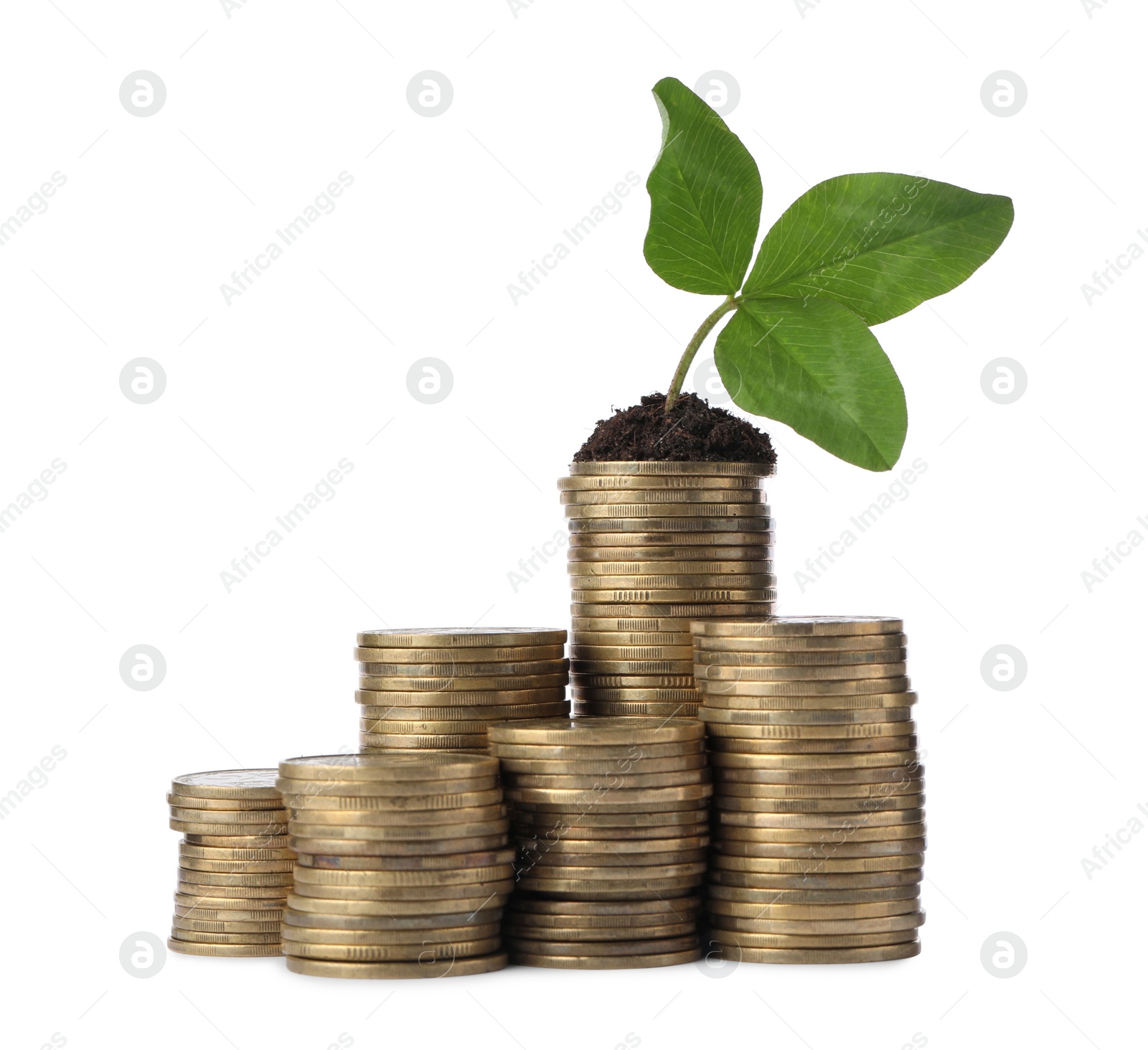 Photo of Stacks of coins with green sprout isolated on white. Investment concept