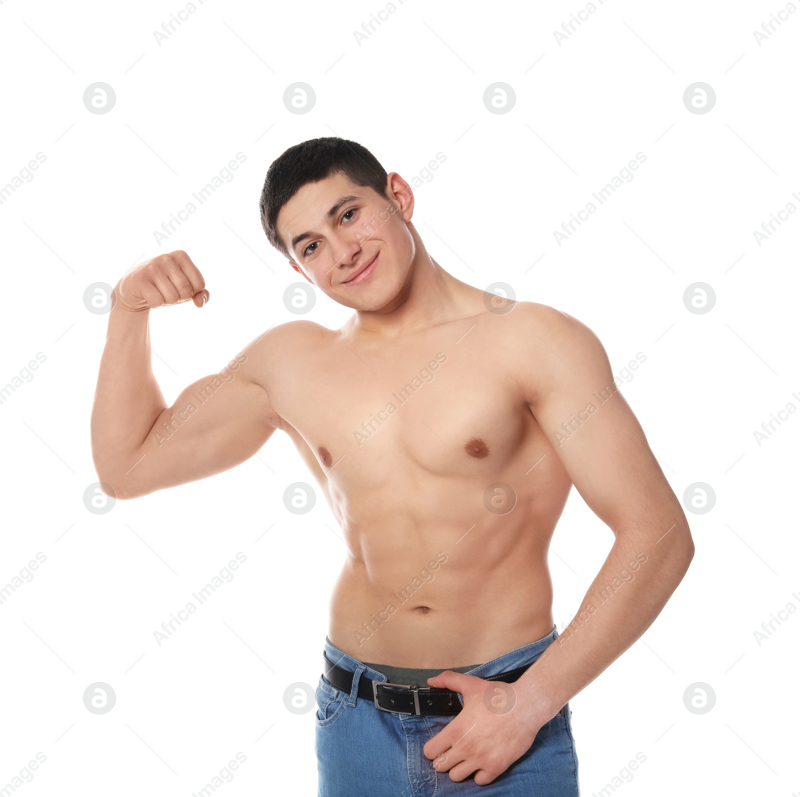 Photo of Portrait of shirtless muscular man showing bicep on white background