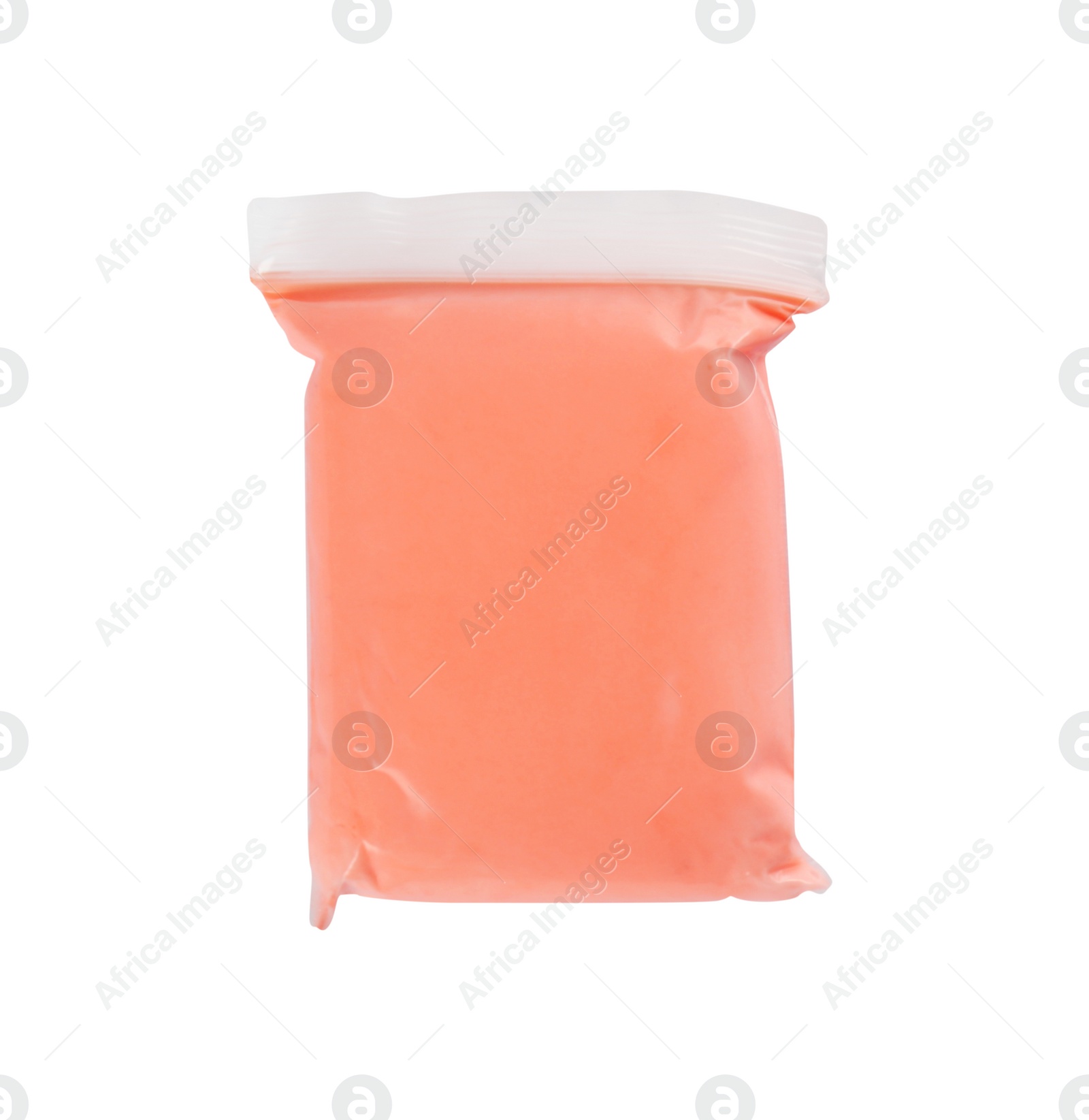 Photo of Package of colorful play dough on white background, top view