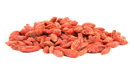 Photo of Pile of dried goji berries on white background