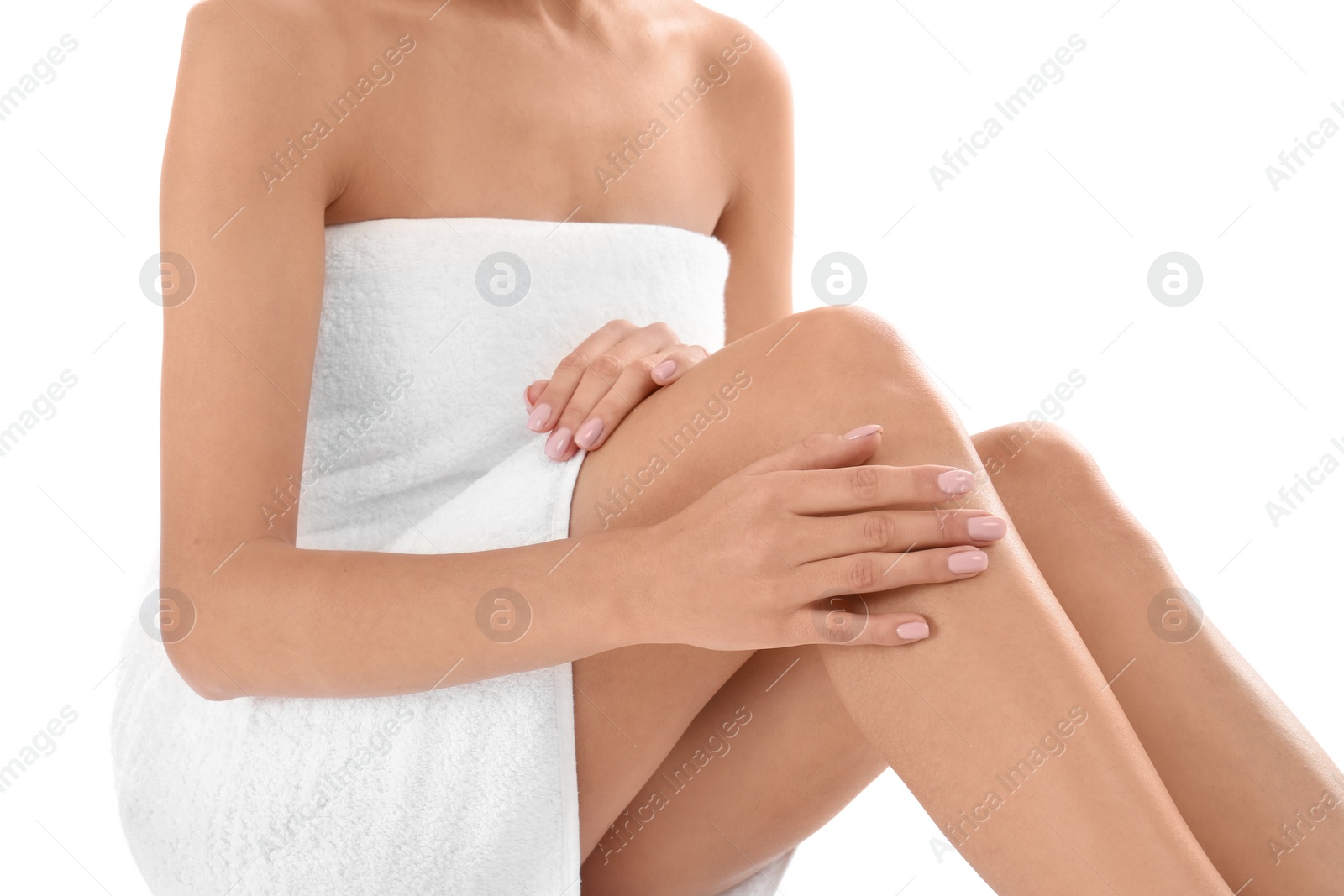 Photo of Young woman with perfect smooth skin on white background, closeup. Beauty and body care