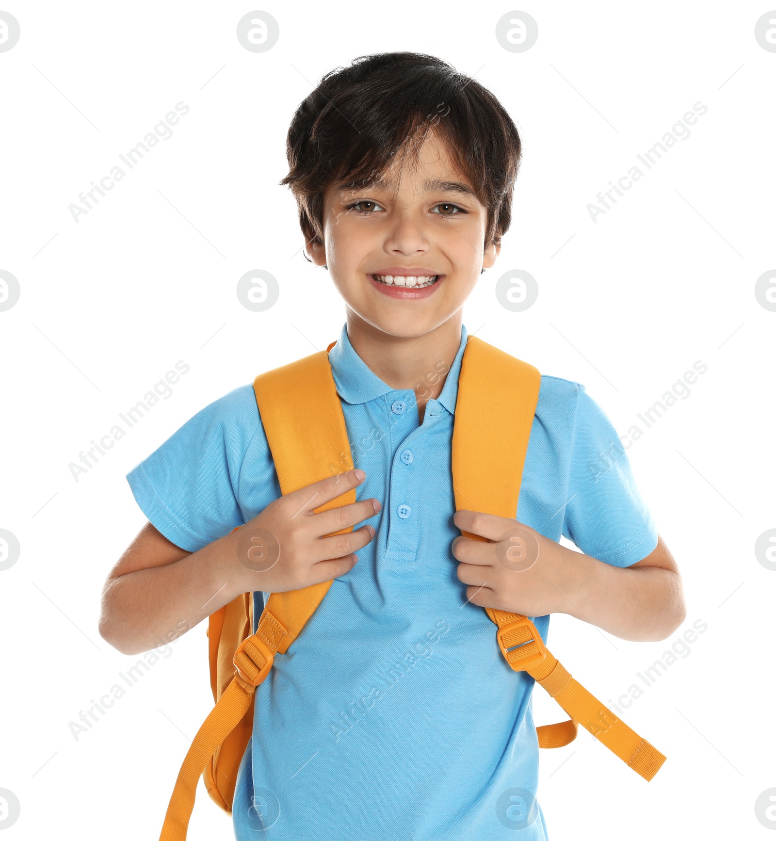 Photo of Happy boy in school uniform on white background