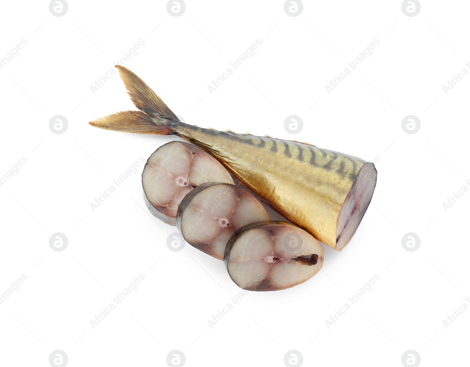 Photo of Slices of tasty smoked mackerel on white background, top view