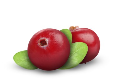 Image of Fresh ripe cranberries with leaves isolated on white