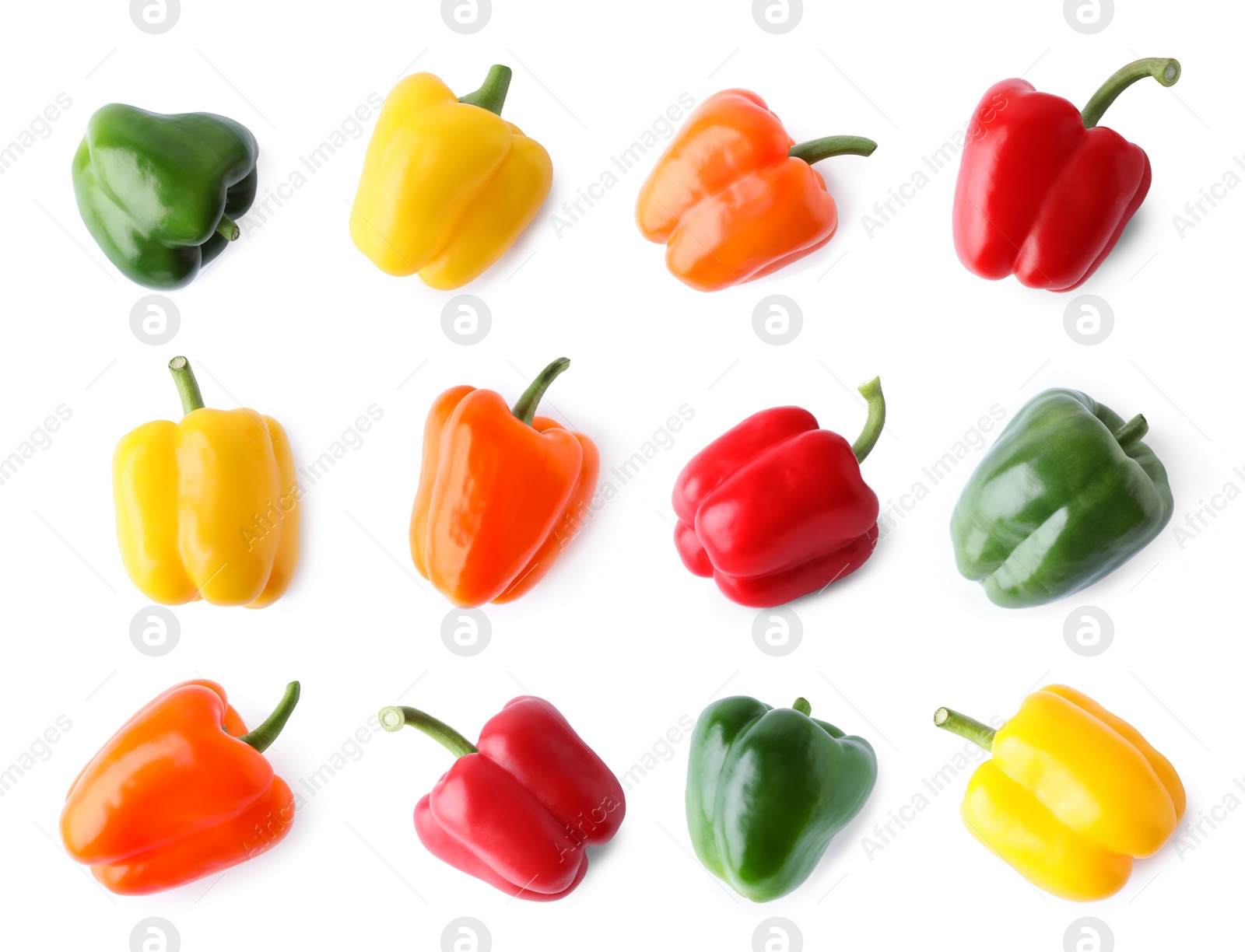 Image of Set of different ripe bell peppers on white background