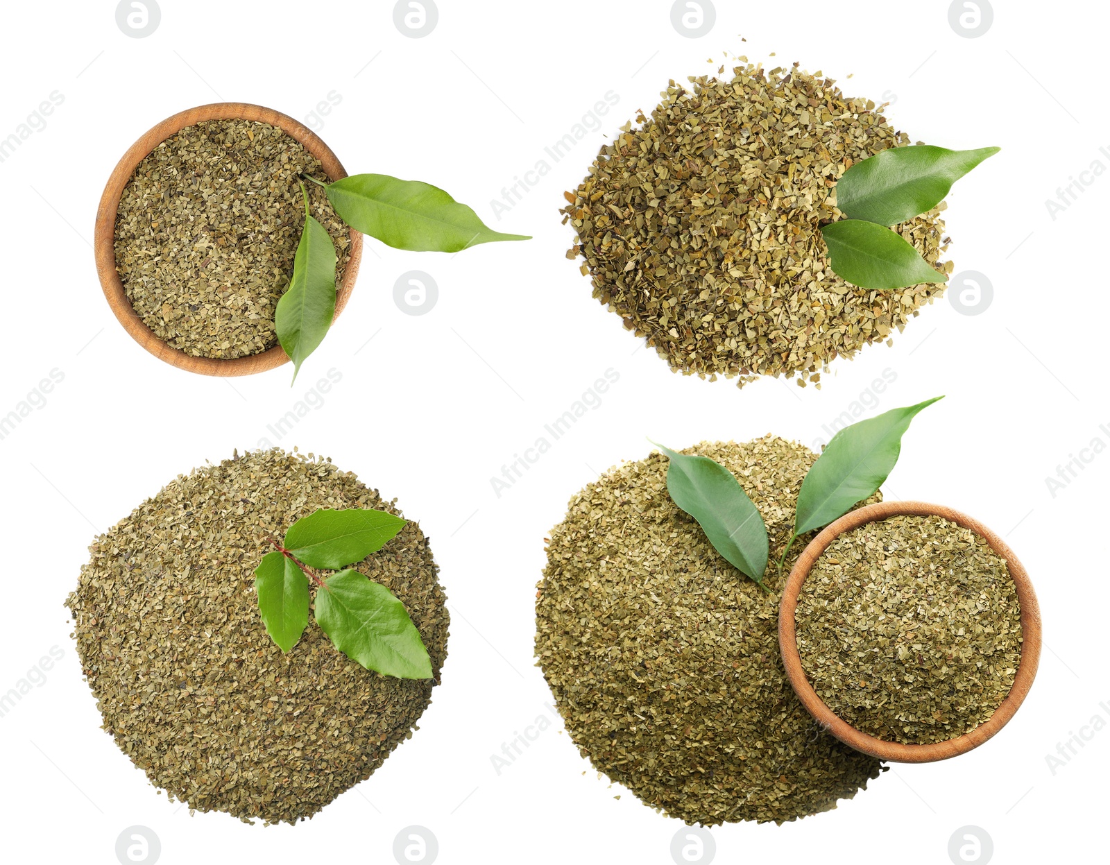 Image of Set with yerba mate leaf mix on white background, top view