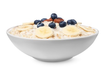 Photo of Tasty boiled oatmeal with banana, blueberries and almonds in bowl isolated on white