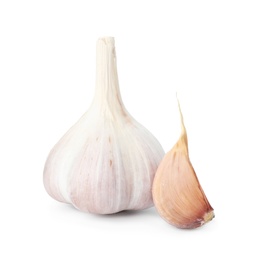 Photo of Fresh organic garlic bulb and clove on white background
