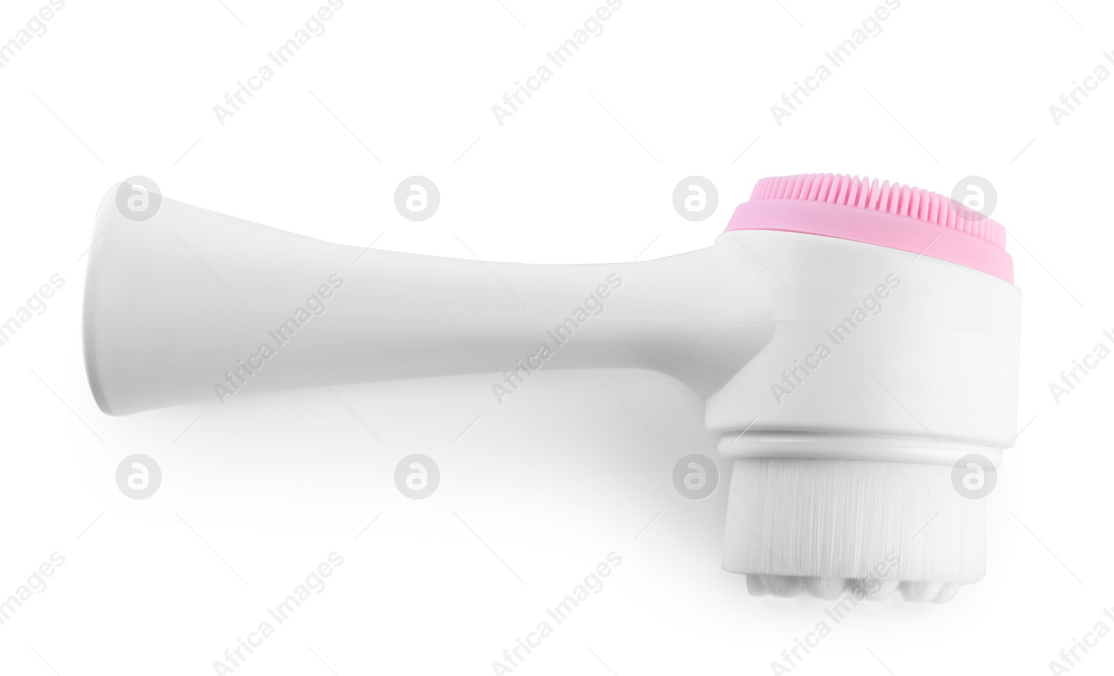 Photo of Modern electric face cleansing brush isolated on white, top view. Cosmetics tool