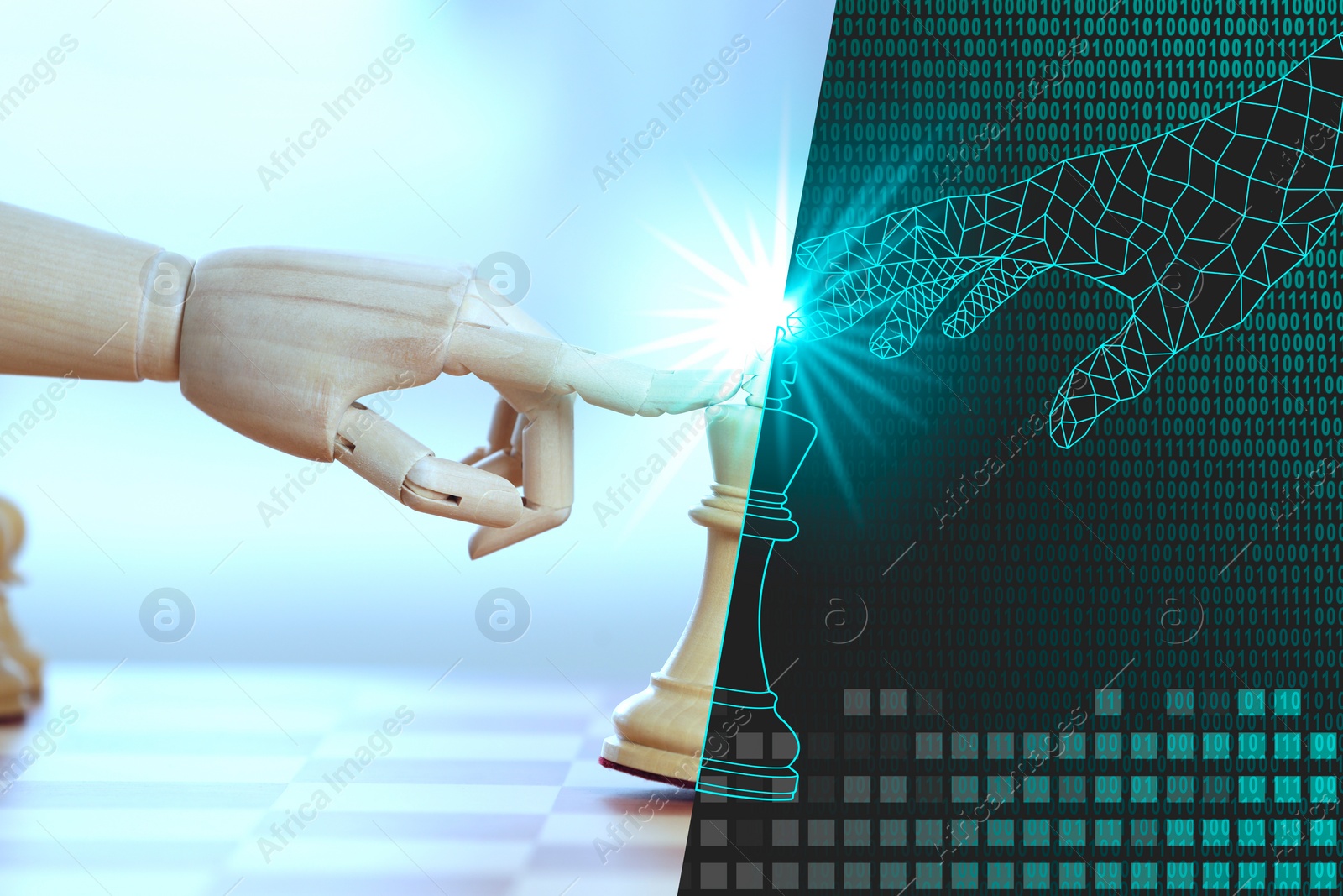 Image of Wooden and digital hands touching chess piece. Cyber hand against binary code symbolizing artificial intelligence