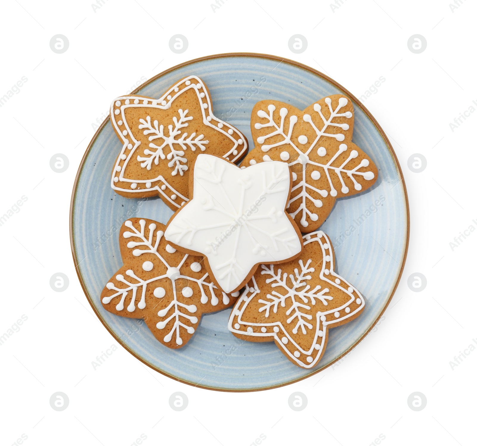 Photo of Tasty star shaped Christmas cookies with icing isolated on white, top view