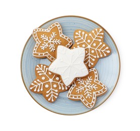 Photo of Tasty star shaped Christmas cookies with icing isolated on white, top view