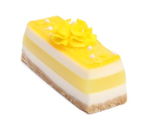 Photo of Piece of delicious cheesecake with lemon isolated on white