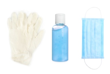 Image of Medical gloves, antiseptic gel and protective mask on white background