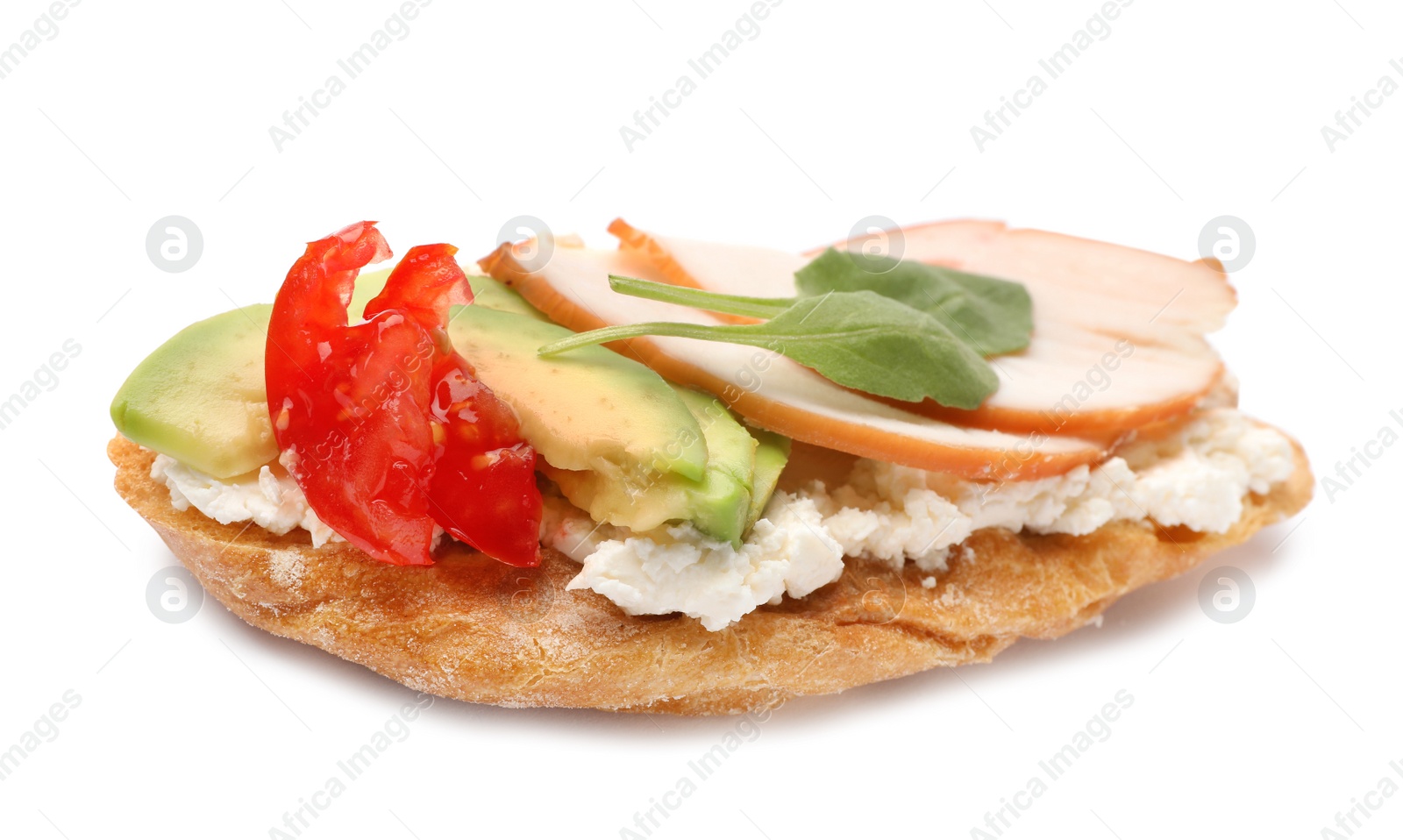 Photo of Delicious chicken bruschetta on white background. Traditional Italian antipasto