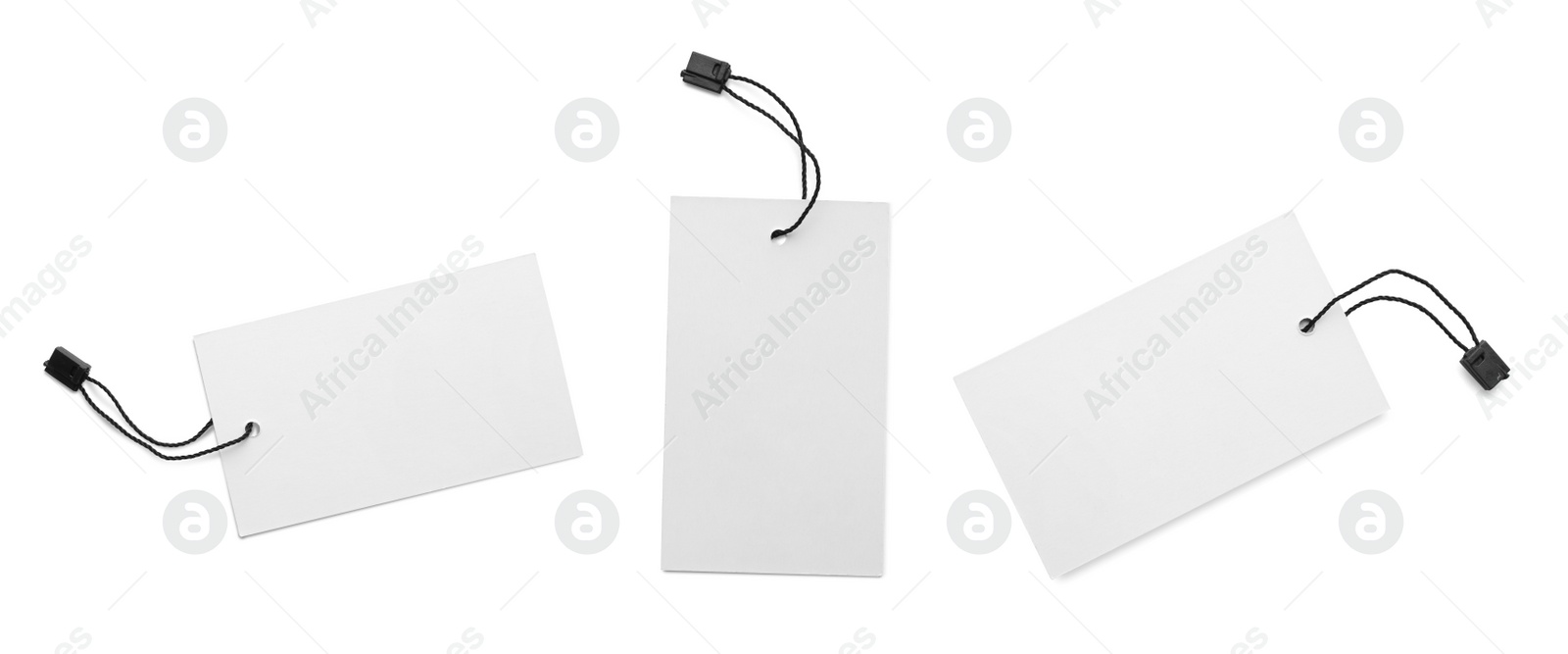 Image of Set with blank tags on white background, top view. Banner design