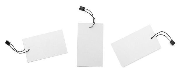 Image of Set with blank tags on white background, top view. Banner design