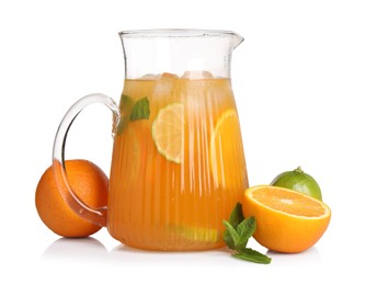 Freshly made lemonade in jug, mint and citrus fruits isolated on white