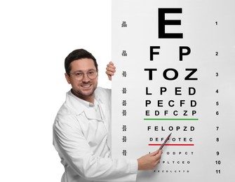 Image of Ophthalmologist pointing at vision test chart on white background