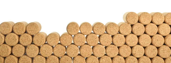 Photo of Wine bottle corks on white background, top view