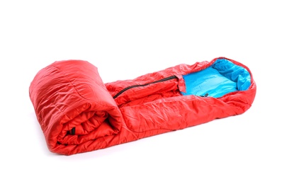 Sleeping bag on white background. Camping equipment